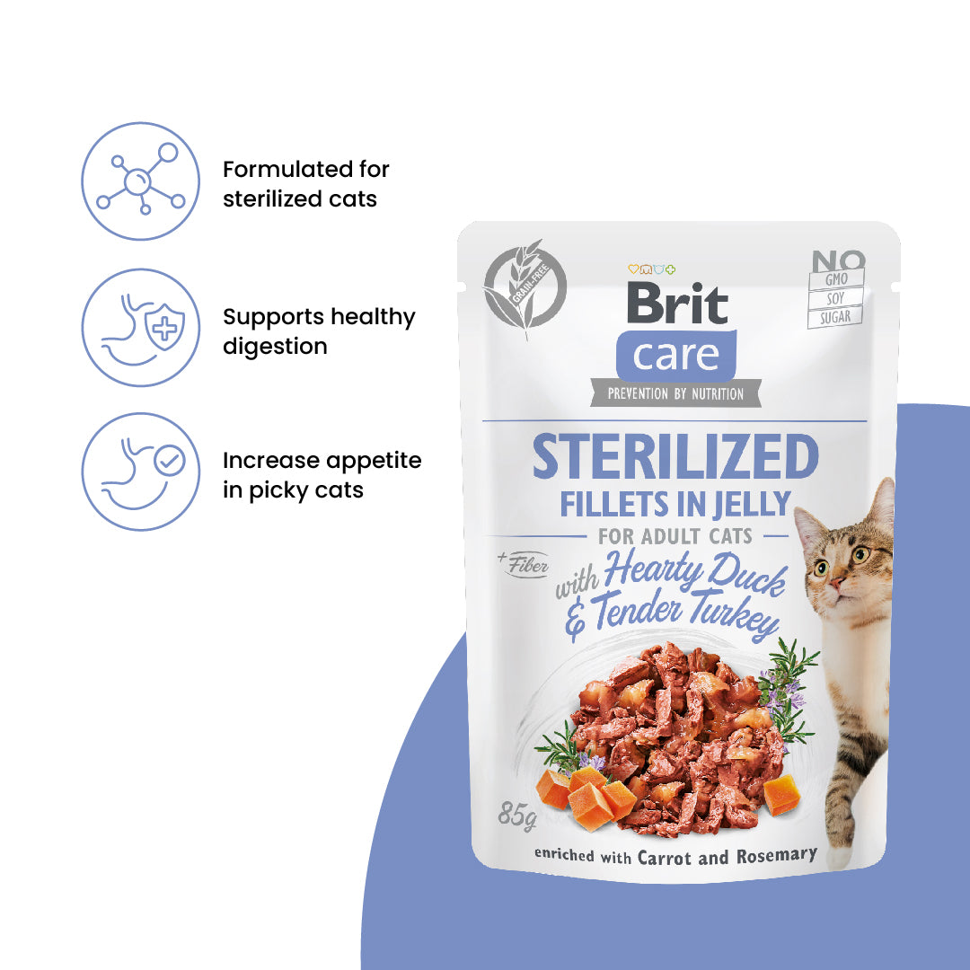 Brit Care Cat Fillets In Jelly Hearty Duck And Tender Turkey 85g for Sterilised Cats (24 Pouches)-Brit-Catsmart-express