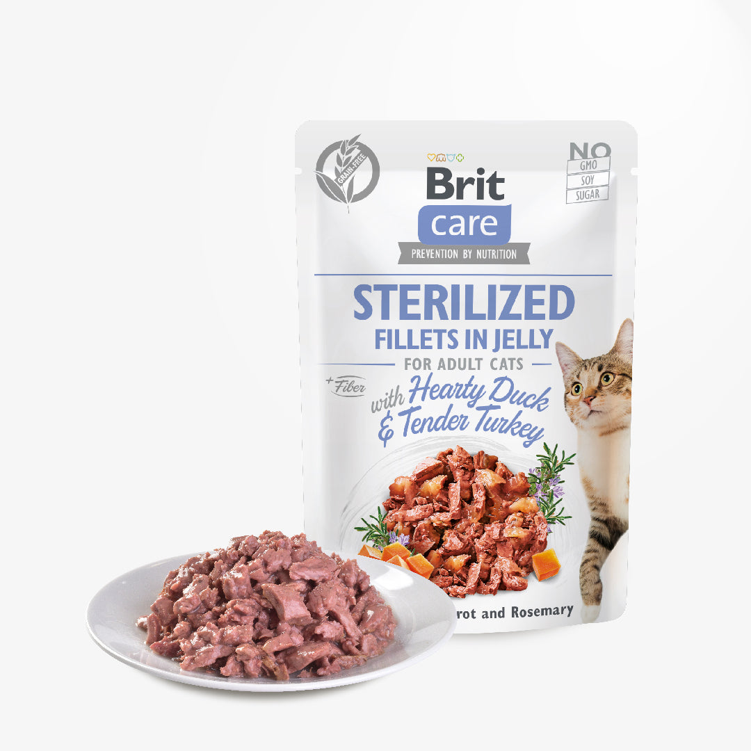 Brit Care Cat Fillets In Jelly Hearty Duck And Tender Turkey 85g for Sterilised Cats (24 Pouches)-Brit-Catsmart-express