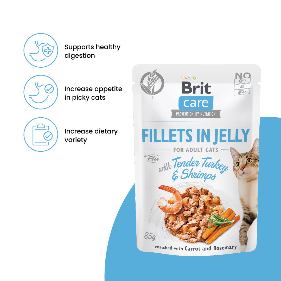 Brit Care Cat Fillets in Jelly with Tender Turkey & Shrimps 85g Carton (24 Pouches)-Brit-Catsmart-express