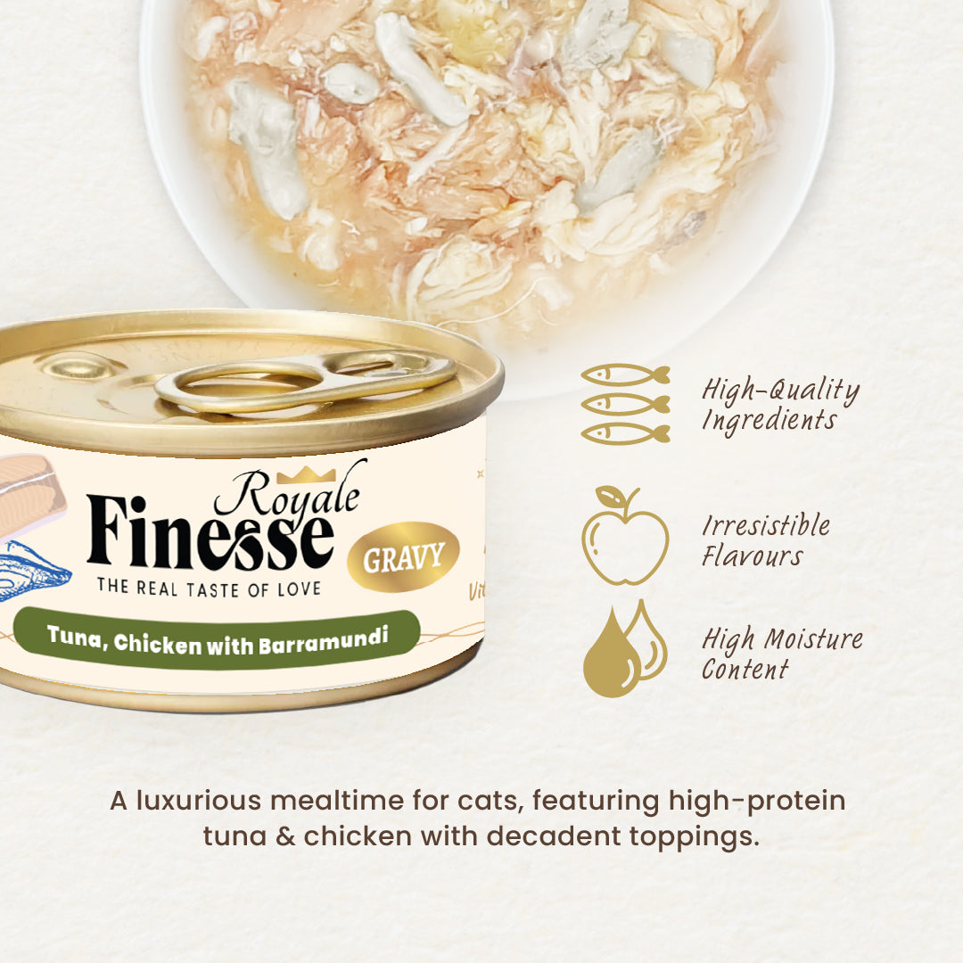 Finesse Royale Tuna & Chicken with Barramundi Gravy 85g (24 cans)-Finesse-Catsmart-express