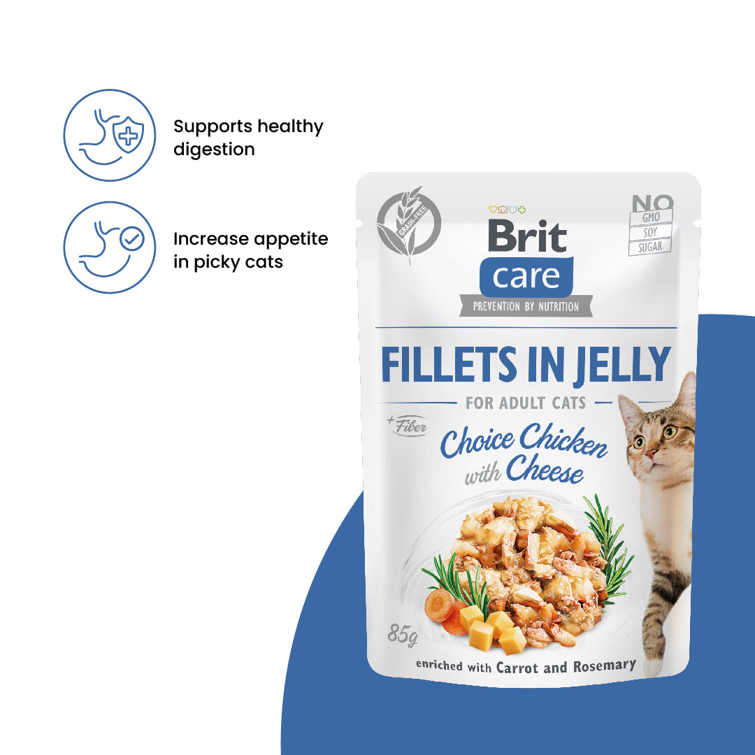 Brit Care Cat Fillets in Jelly Choice Chicken with Cheese 85g Carton (24 Pouches)-Brit-Catsmart-express