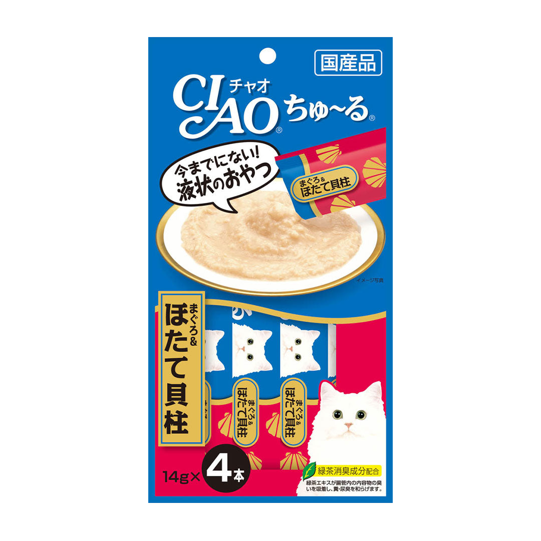 Ciao Chu ru White Meat Tuna and Scallop with Added Vitamin and Green Tea Extract 14g x 4pcs (3 Packs)-Ciao-Catsmart-express