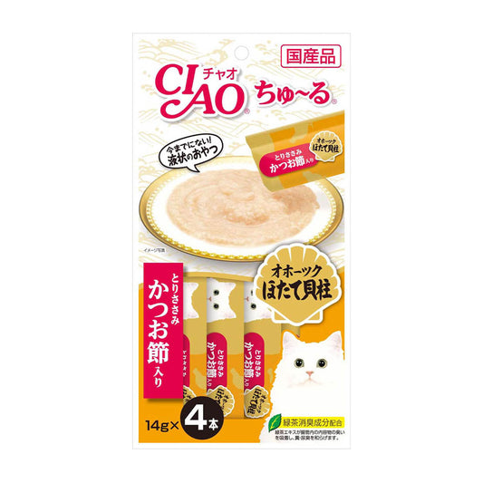 Ciao Chu ru Chicken Fillet Scallop & Sliced Bonito with Added Vitamin and Green Tea Extract 14g x 4pcs (3 Packs)-Ciao-Catsmart-express