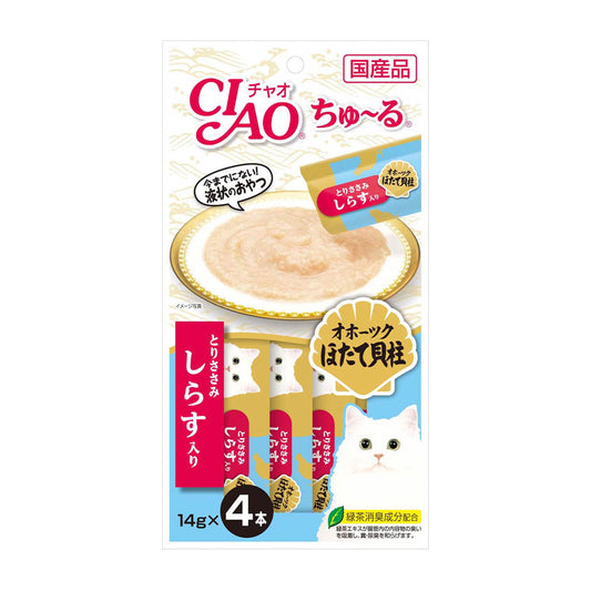 Ciao Chu ru Chicken Fillet Scallop & Whitebait with Added Vitamin and Green Tea Extract 14g x 4pcs (3 Packs)-Ciao-Catsmart-express