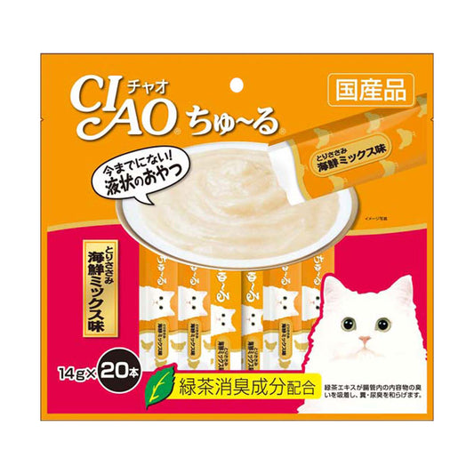 Ciao Chu ru Chicken Fillet Seafood Mix with Added Vitamin and Green Tea Extract 14g x 20pcs (2 Packs)-Ciao-Catsmart-express