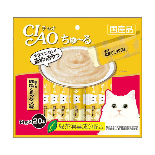 Ciao Chu ru Tuna Scallop Mix with Added Vitamin and Green Tea Extract 14g x 20pcs (2 Packs)-Ciao-Catsmart-express