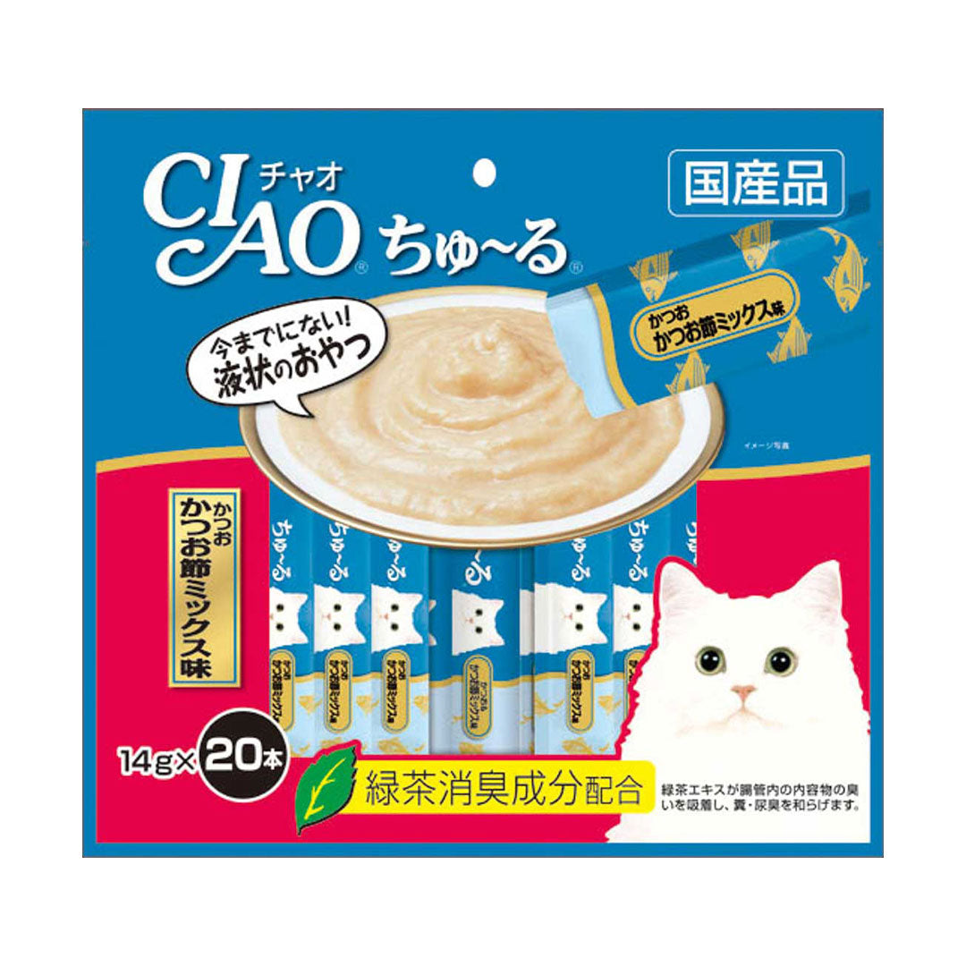 Ciao Chu ru Tuna Dried Bonito Mix with Added Vitamin and Green Tea Extract 14g x 20pcs (2 Packs)-Ciao-Catsmart-express