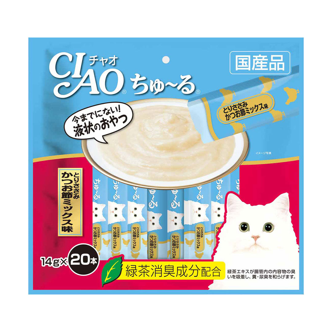 Ciao Chu ru Chicken Fillet and Sliced Bonito with Added Vitamin and Green Tea Extract 14g x 20pcs (2 Packs)-Ciao-Catsmart-express