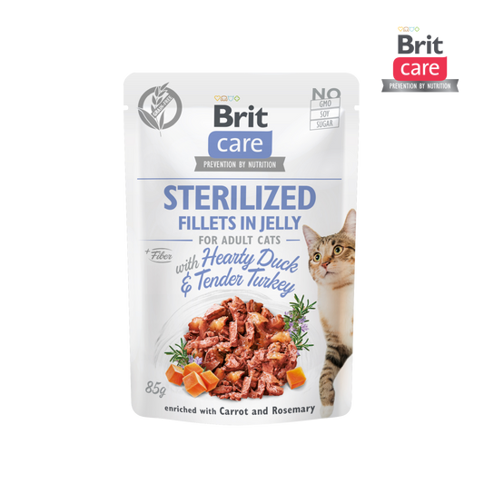 Brit Care Cat Fillets In Jelly Hearty Duck And Tender Turkey 85g for Sterilised Cats (24 Pouches)-Brit-Catsmart-express