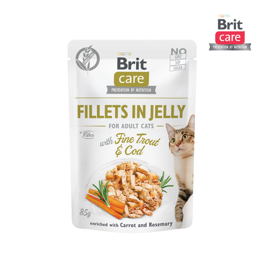 Brit Care Cat Fillets in Jelly with Fine Trout and cod 85g Carton (24 Pouches)-Brit-Catsmart-express