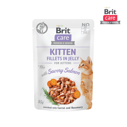 Brit Care Cat Pouch Kitten Fillets in Jelly with Savory Salmon 85g Carton (24 Pouches)-Brit-Catsmart-express