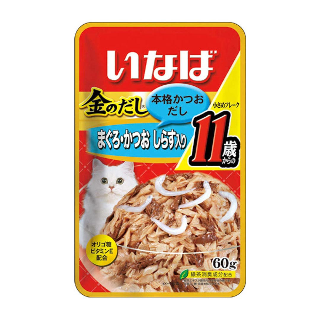 Ciao Golden Pouch 11 Years Old Tuna Small Flake in Jelly Topping Whitebait 60g-Ciao-Catsmart-express