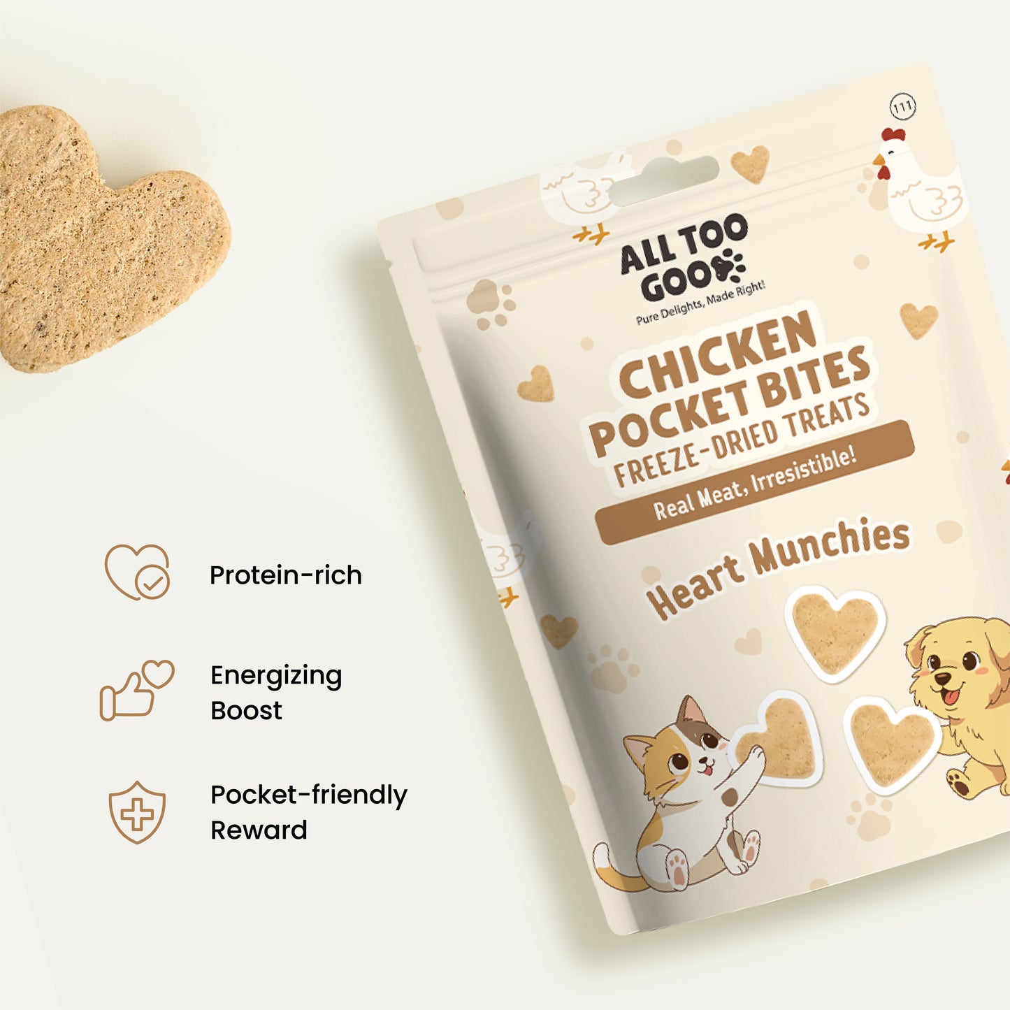 All Too Good Chicken Pocket Bites Freeze-Dried Treats Heart Munchies 78g-All Too Good-Catsmart-express