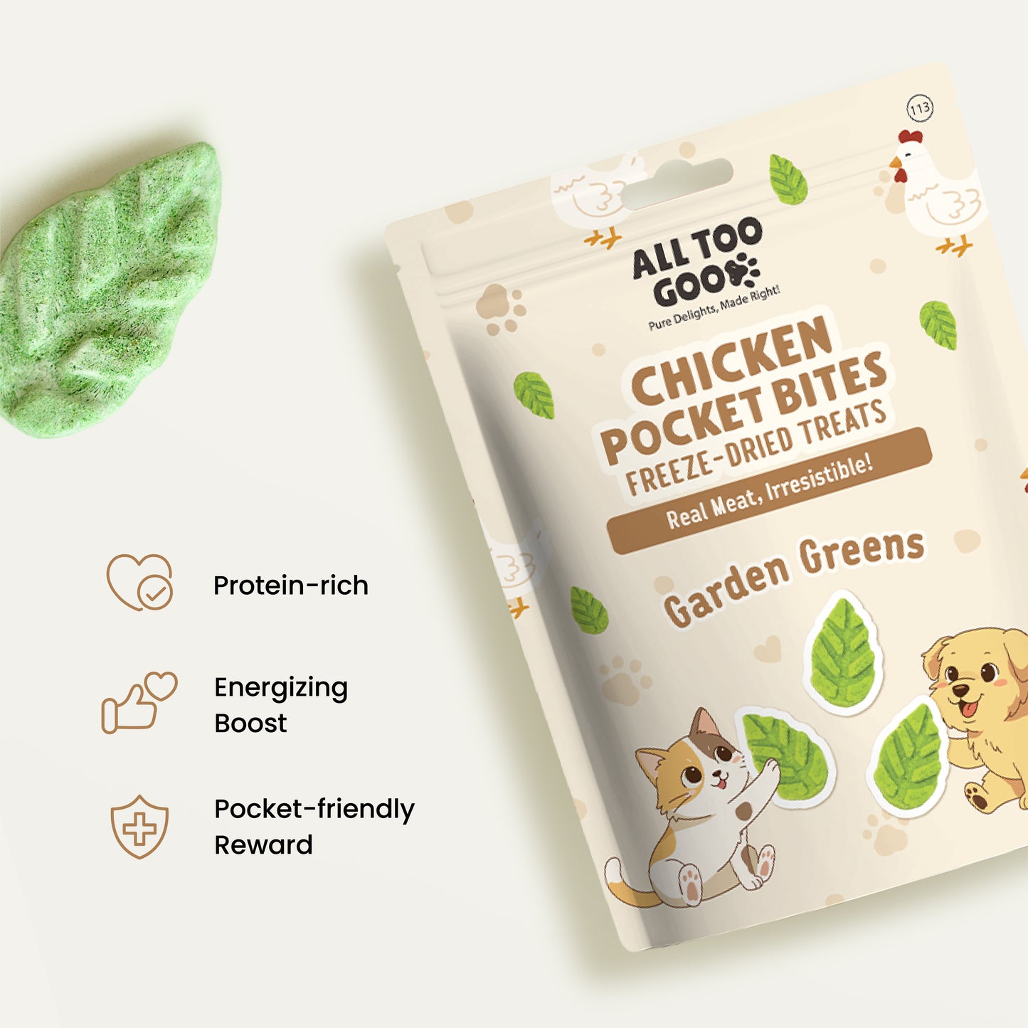 All Too Good Chicken Pocket Bites Freeze-Dried Treats Garden Greens 24g-All Too Good-Catsmart-express
