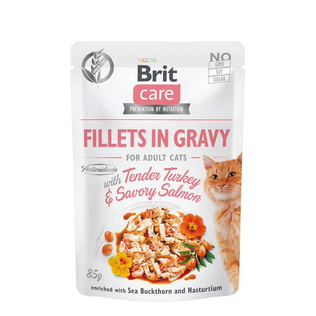 Brit Care Cat Fillets in Gravy With Tender Turkey & Savory Salmon 85g Carton (24 Pouches)-Brit-Catsmart-express