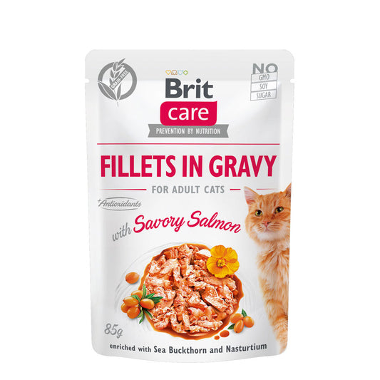 Brit Care Cat Fillets in Gravy with Savory Salmon 85g Carton (24 Pouches)-Brit-Catsmart-express