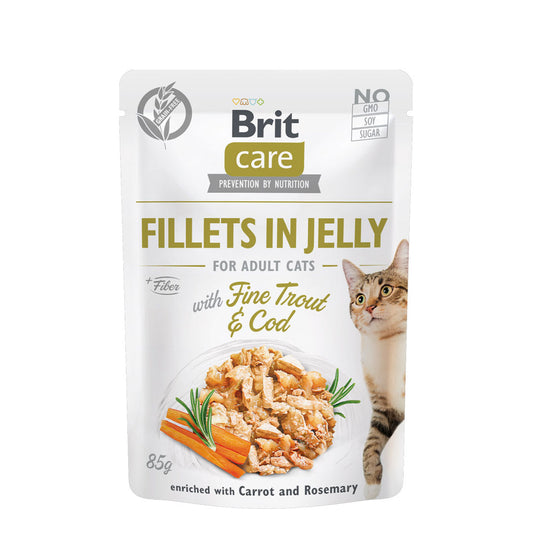 Brit Care Cat Fillets in Jelly with Fine Trout and cod 85g Carton (24 Pouches)-Brit-Catsmart-express