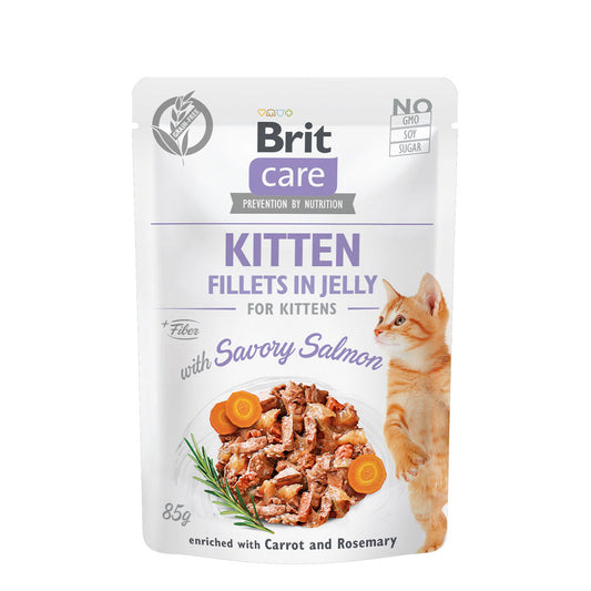 Brit Care Cat Pouch Kitten Fillets in Jelly with Savory Salmon 85g Carton (24 Pouches)-Brit-Catsmart-express