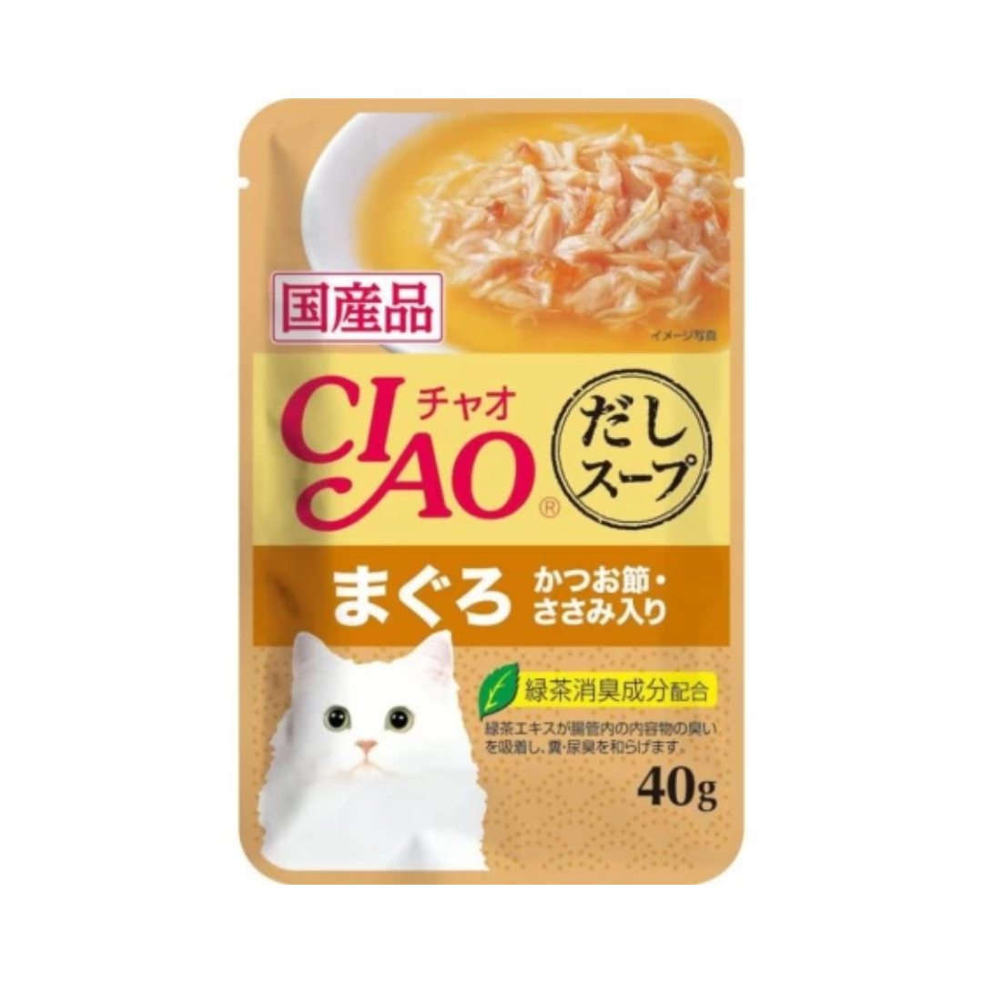 Ciao Clear Soup Pouch Chicken Fillet & Maguro Topping Dried Bonito 40g Carton (16 Pouches)-Ciao-Catsmart-express