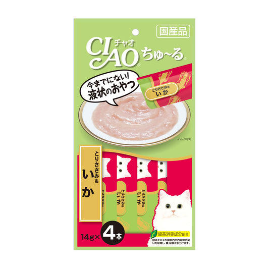 Ciao Chu ru Chicken Fillet and Squid with Added Vitamin and Green Tea Extract 14g x 4pcs (3 Packs)-Ciao-Catsmart-express