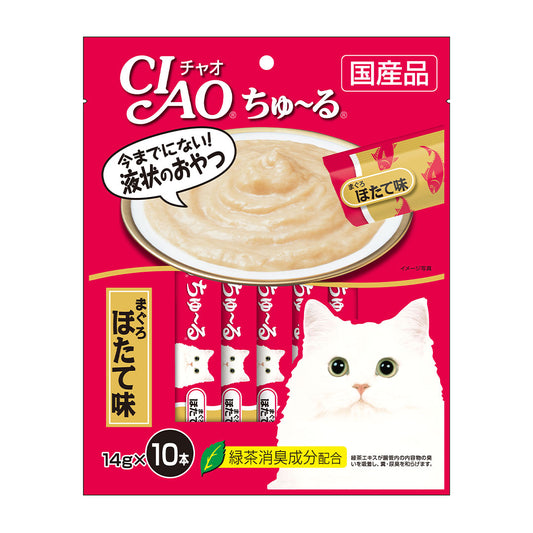 Ciao Chu ru White Meat Tuna Scallop with Added Vitamin and Green Tea Extract 14g x 10pcs-Ciao-Catsmart-express
