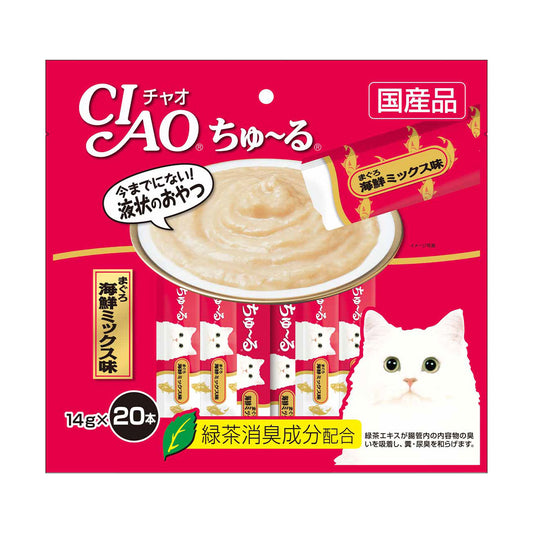 Ciao Chu ru Whitemeat Tuna with Added Vitamin and Green Tea Extract 14g x 20pcs-Ciao-Catsmart-express