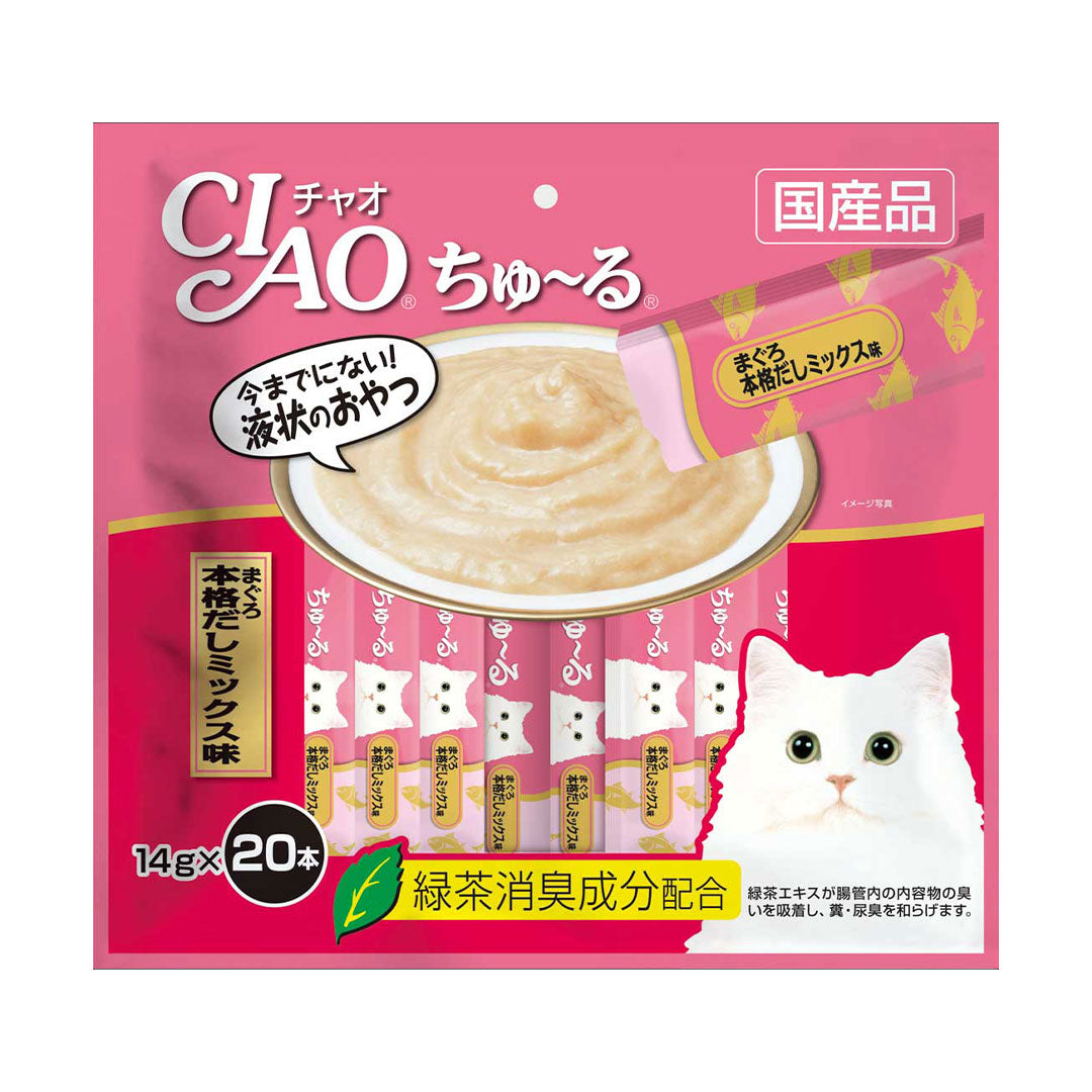 Ciao Chu ru Tuna Japanese Broth Flavour with Added Vitamin and Green Tea Extract 14g x 20pcs-Ciao-Catsmart-express